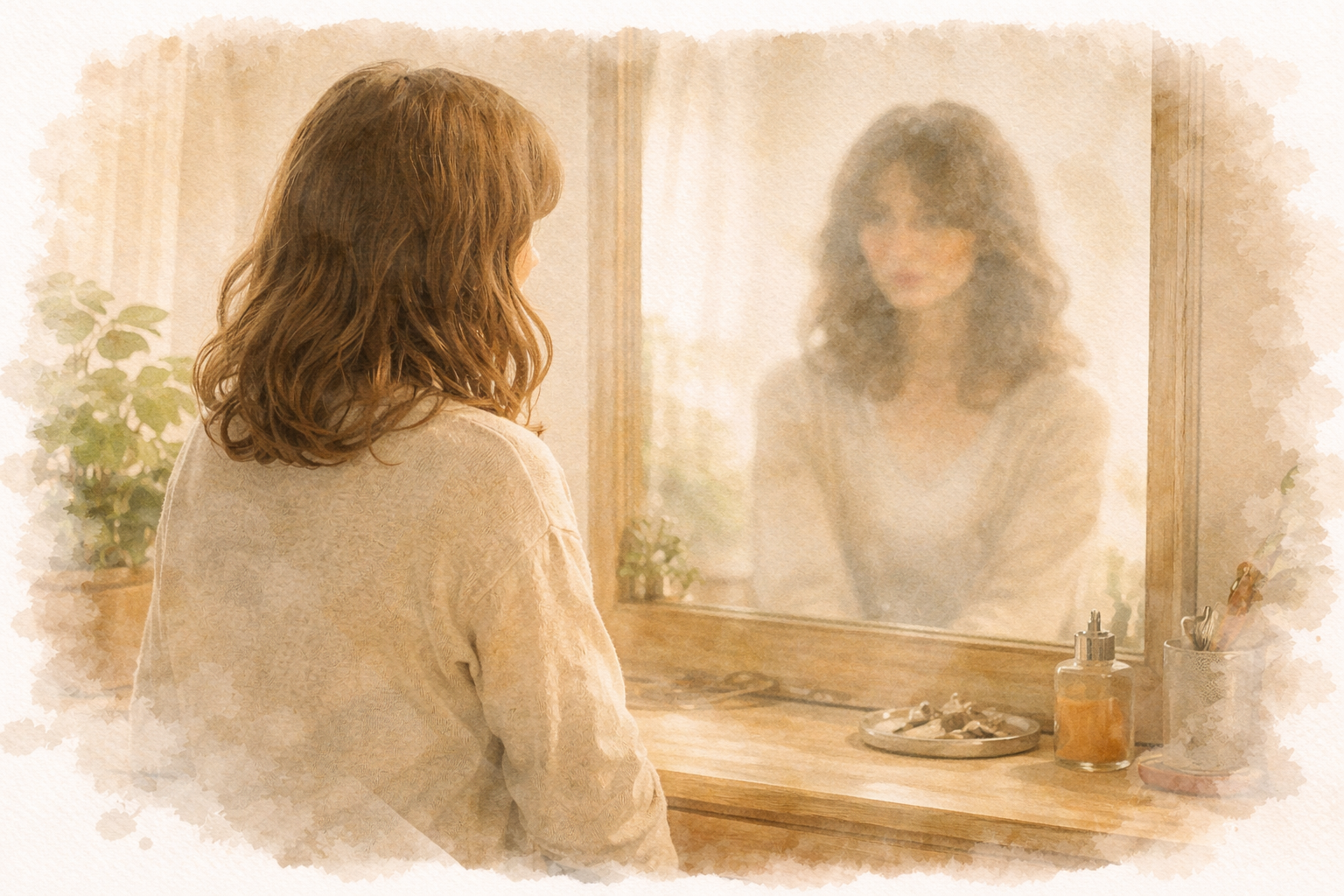 Illustration aquarelle : une personne regardant son reflet dans un miroir, évoquant le sentiment de ne plus se reconnaître