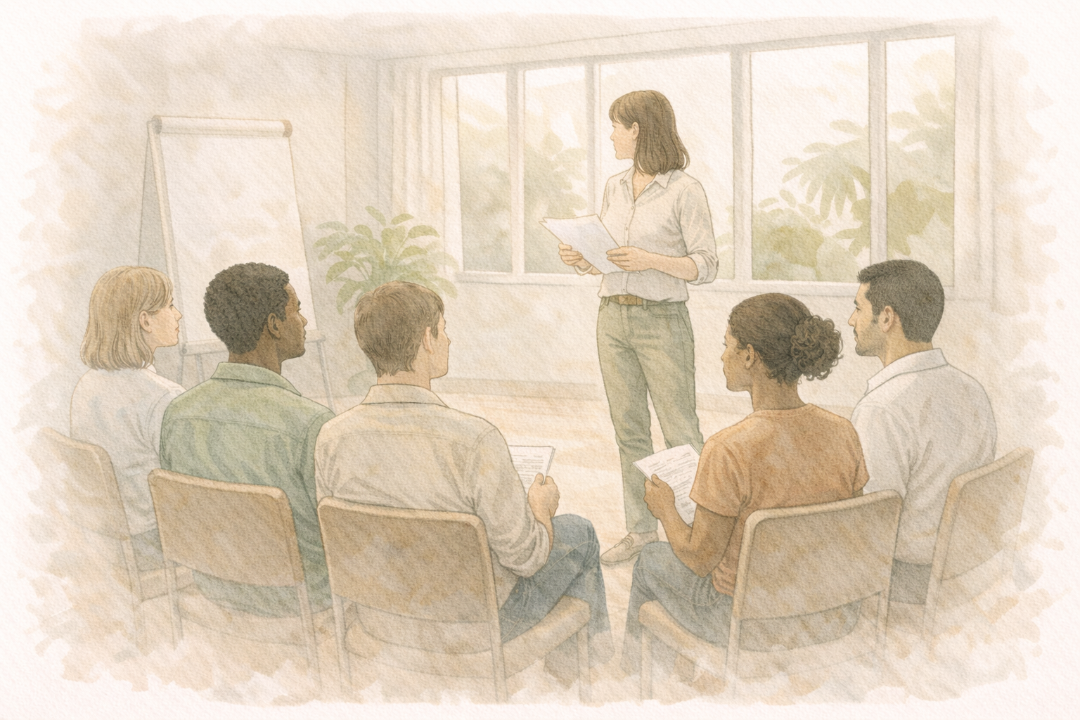 Illustration aquarelle : atelier de formation pour une équipe humanitaire