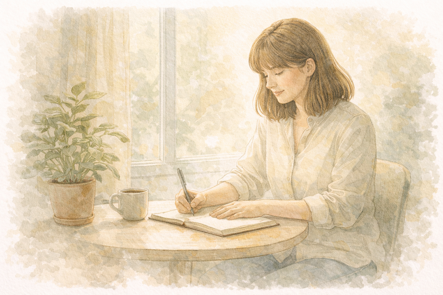 Illustration aquarelle : une femme écrivant dans un journal, dans un espace calme et lumineux