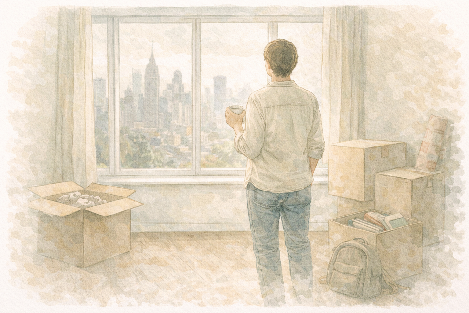 Illustration aquarelle : personne seule dans un salon, regardant par la fenêtre dans un nouveau pays