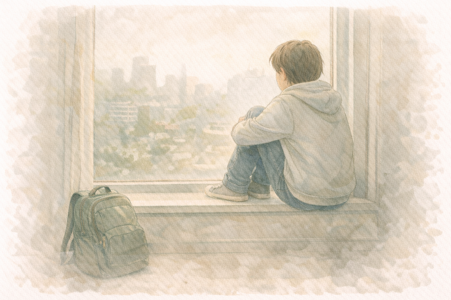 Illustration aquarelle : un adolescent expatrié assis à une fenêtre, regardant dehors