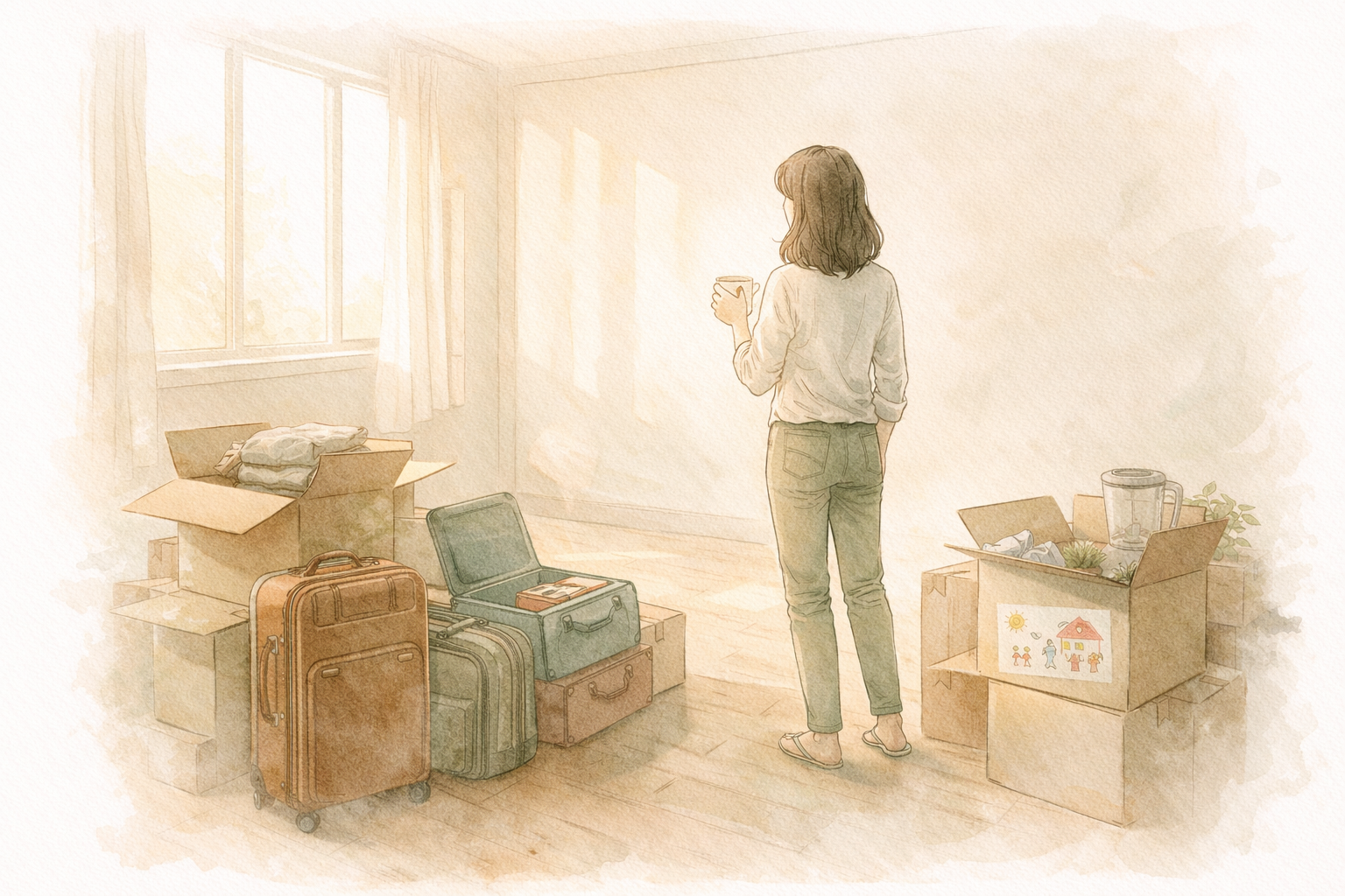 Illustration aquarelle : une femme entourée de cartons de déménagement, regardant par la fenêtre
