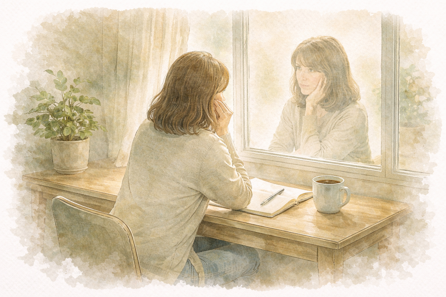 Illustration aquarelle : une femme en introspection