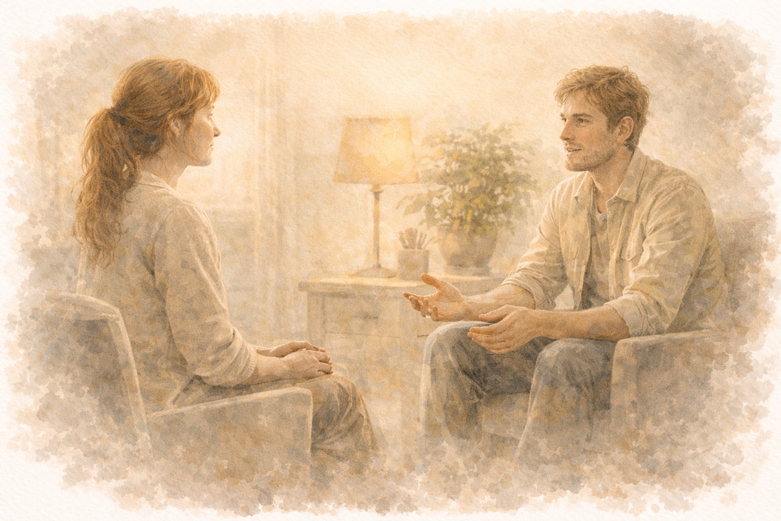 Illustration aquarelle : deux personnes en séance d'écoute, dans un cadre professionnel calme et sécurisant