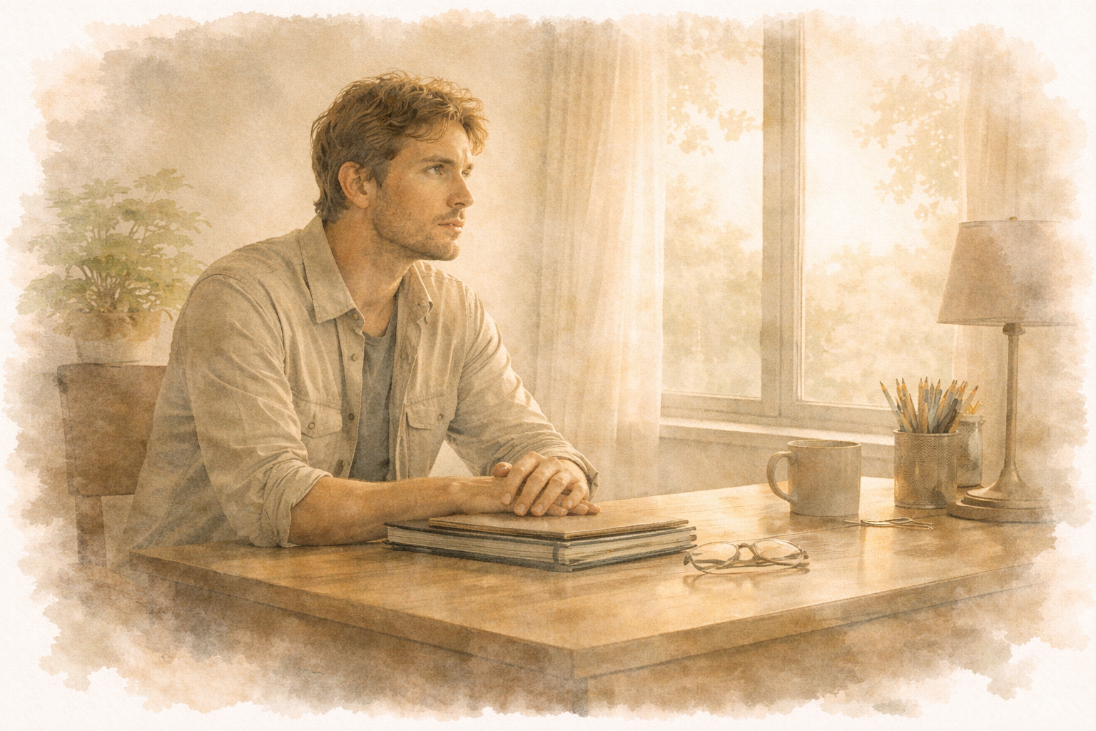 Illustration aquarelle : un homme assis, épuisement de l'aidant