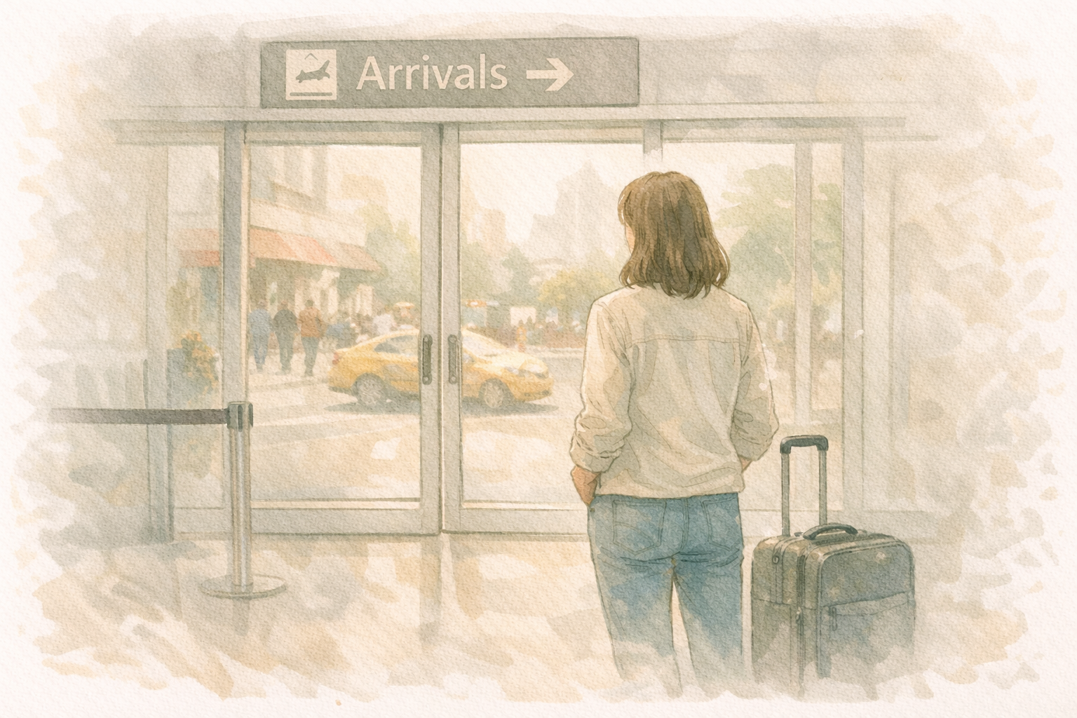 Illustration aquarelle : retour d'expatriation, une femme avec une valise à l'aéroport